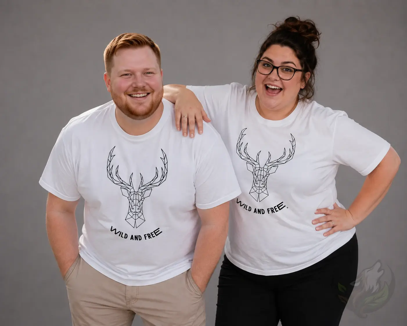 Plus size couple wearing matching white Wild and Free deer shirts with geometric deer design