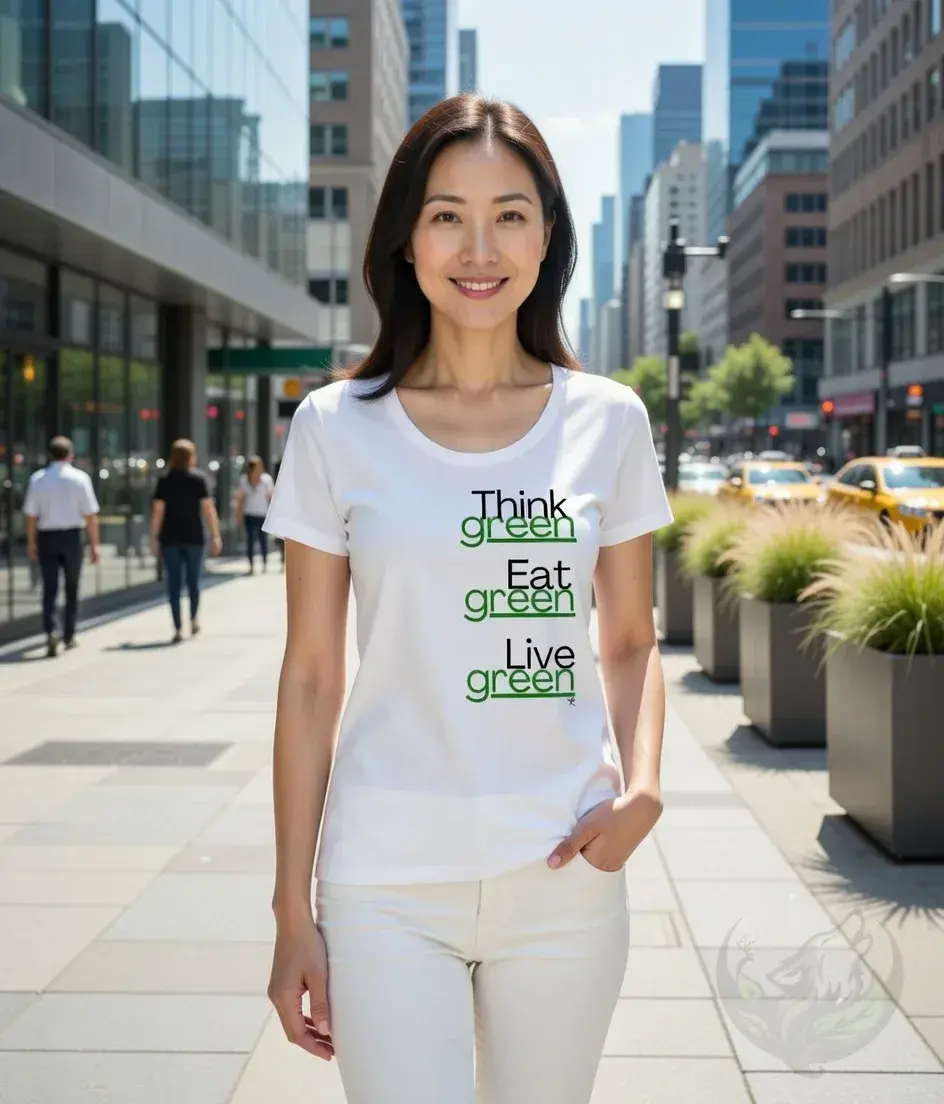 Thumbnail: White scoop‑neck tee with the Vegan Quotes “Think Green” design worn while standing on a city sidewalk.