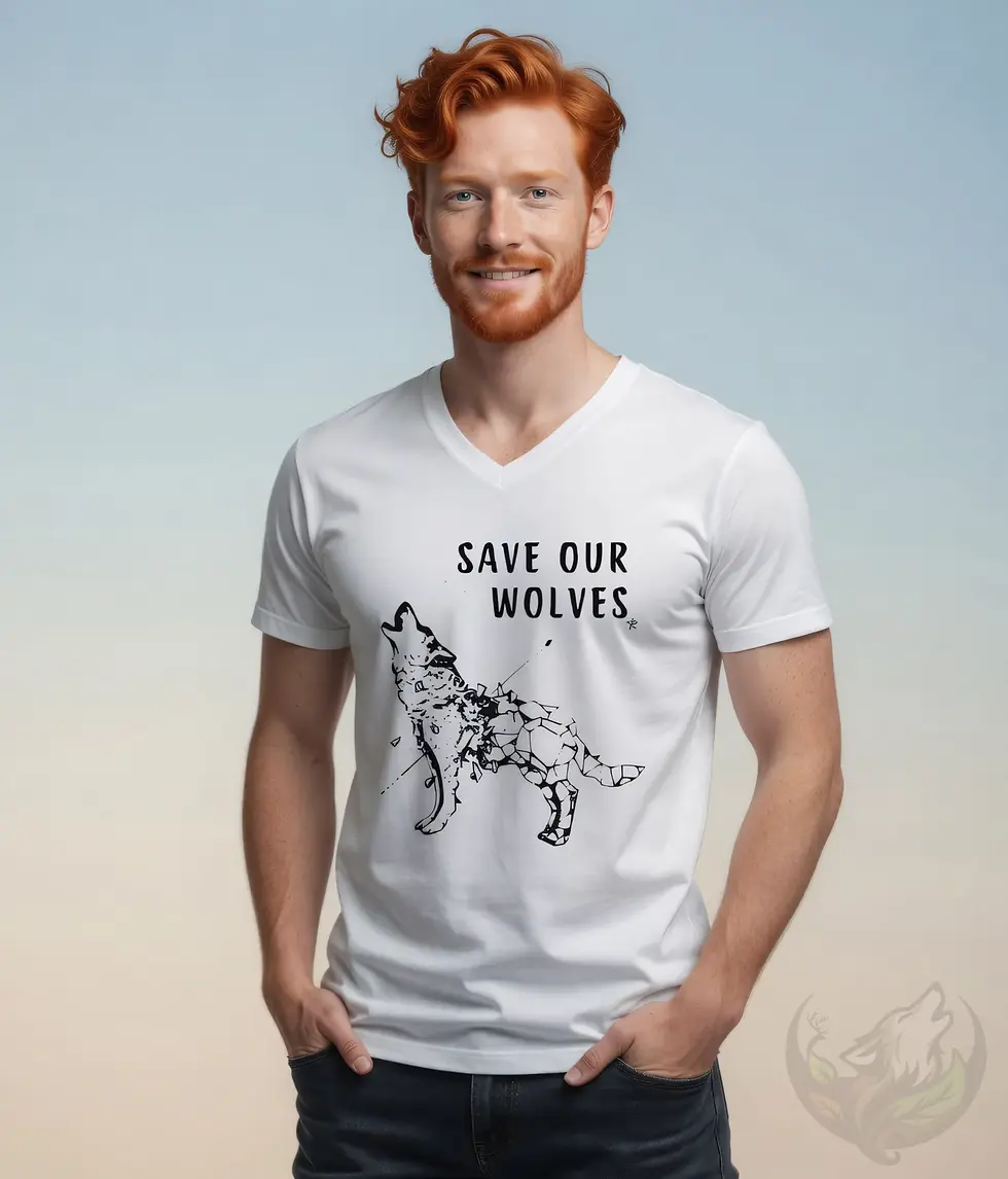 Thumbnail: White V-neck t-shirt on smiling man with red hair and beard, geometric wolf "Save Our Wolves" design.