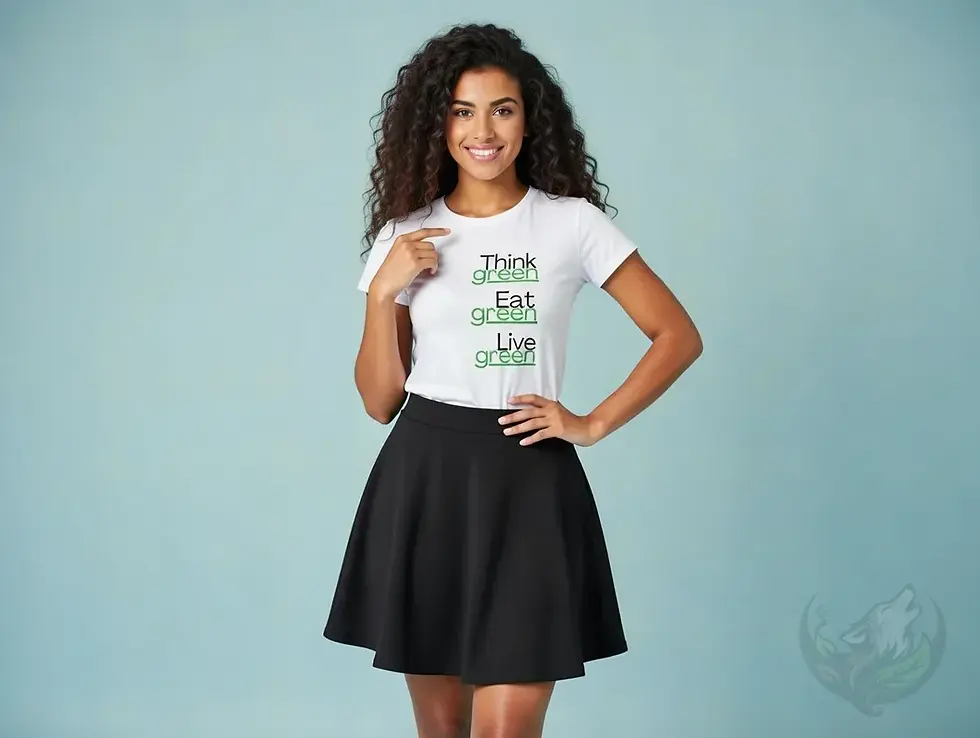 White fitted tee with the Vegan Quotes “Think Green” design shown against a light blue backdrop.