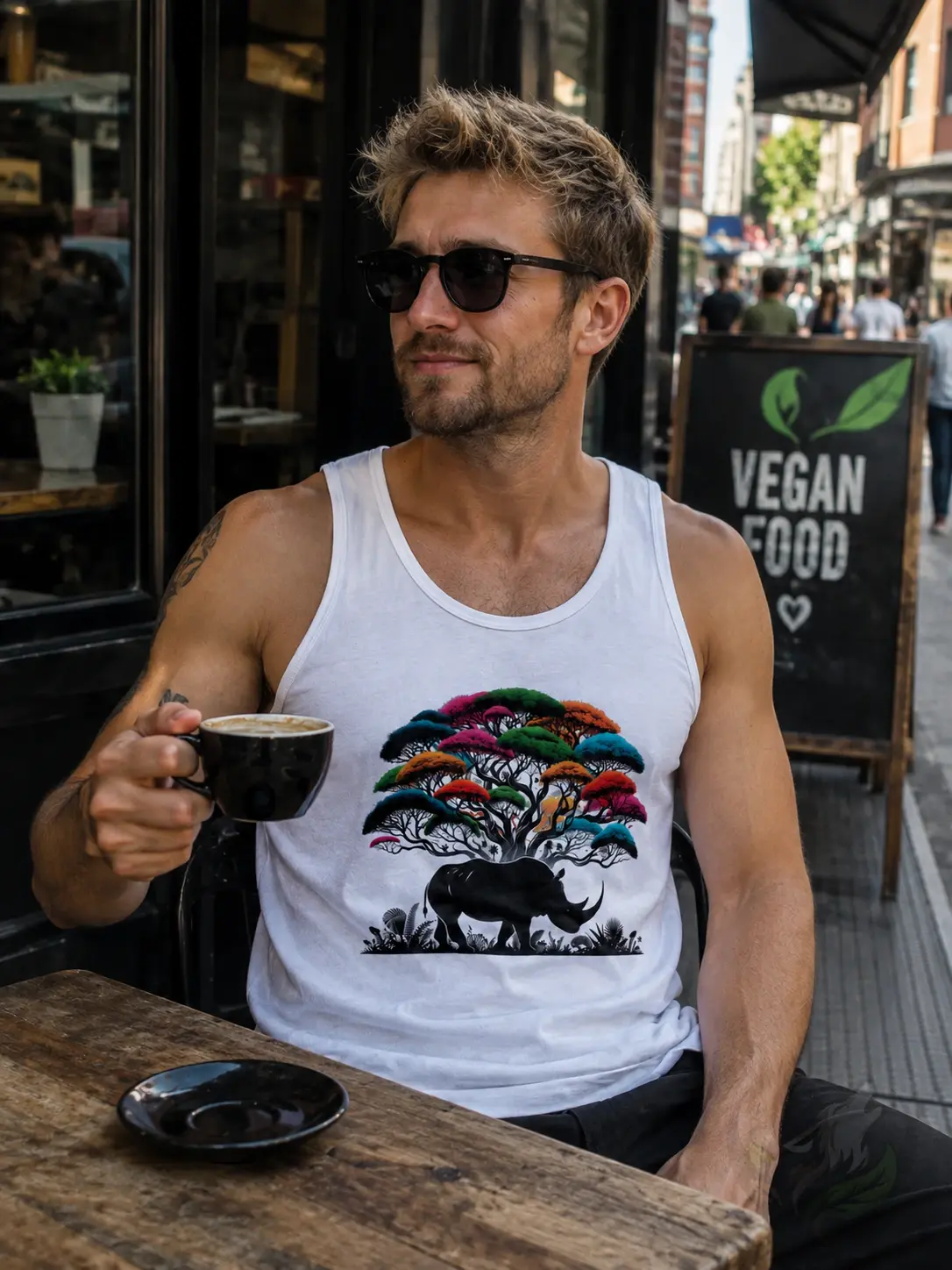 White men’s tank top featuring a colorful wildlife rhino and tree design worn outdoors at a café.