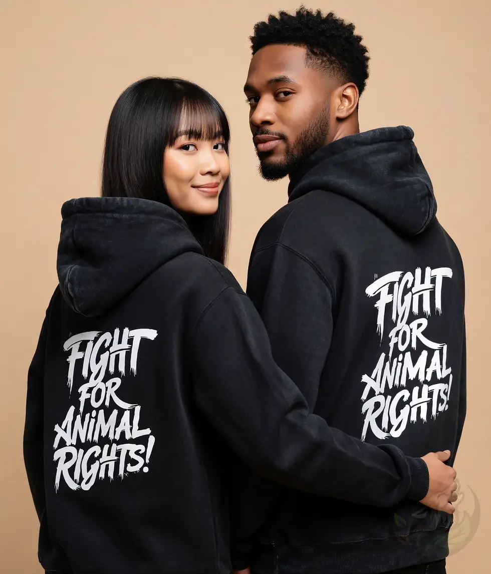 Thumbnail: Black unisex zoodie with striking white text "FIGHT FOR ANIMAL RIGHTS!" printed on the back.
