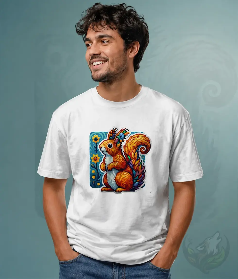 Male model wearing white unisex squirrel shirt in studio, vibrant pixel animal design on front