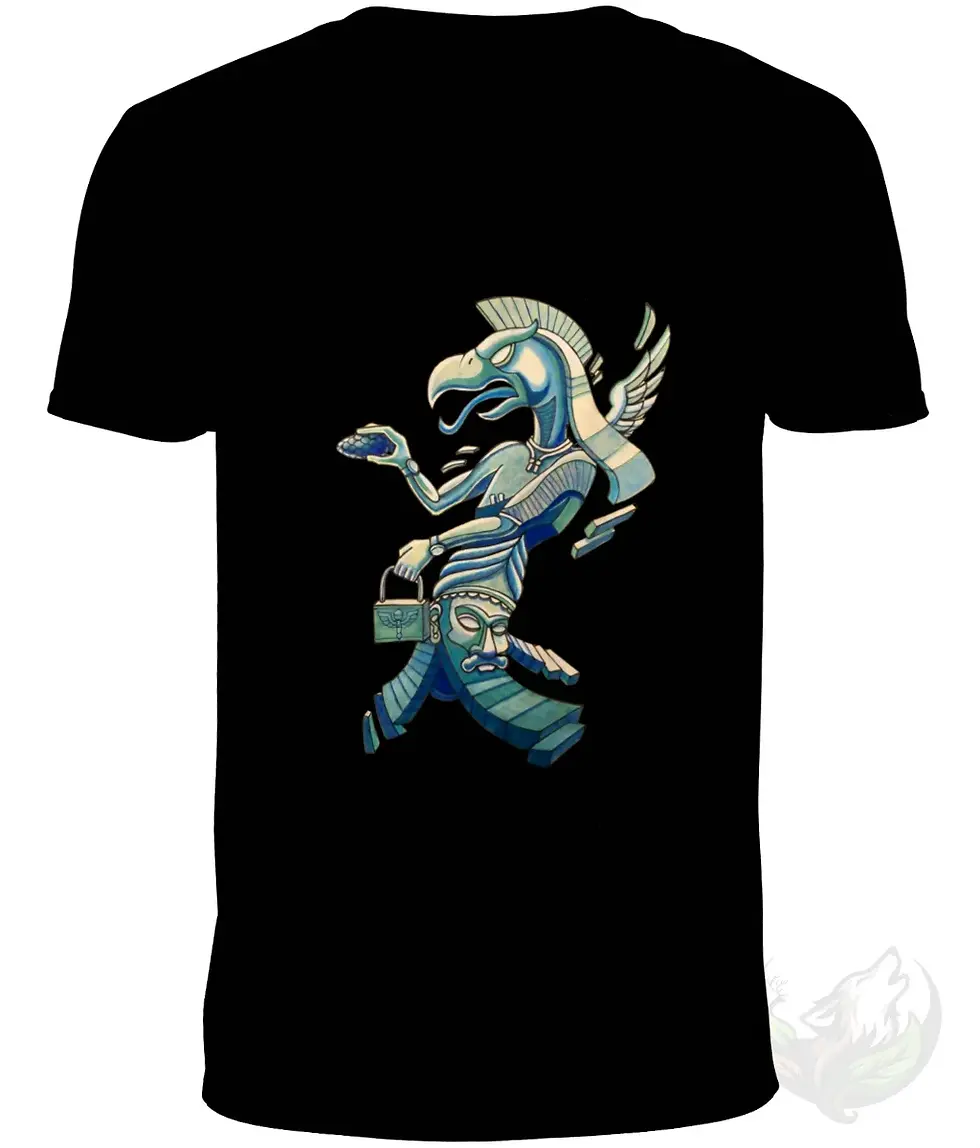 Thumbnail: Black V-neck Anunnaki DEFP shirt flat lay featuring blue ancient eagle mythology inspired artwork design
