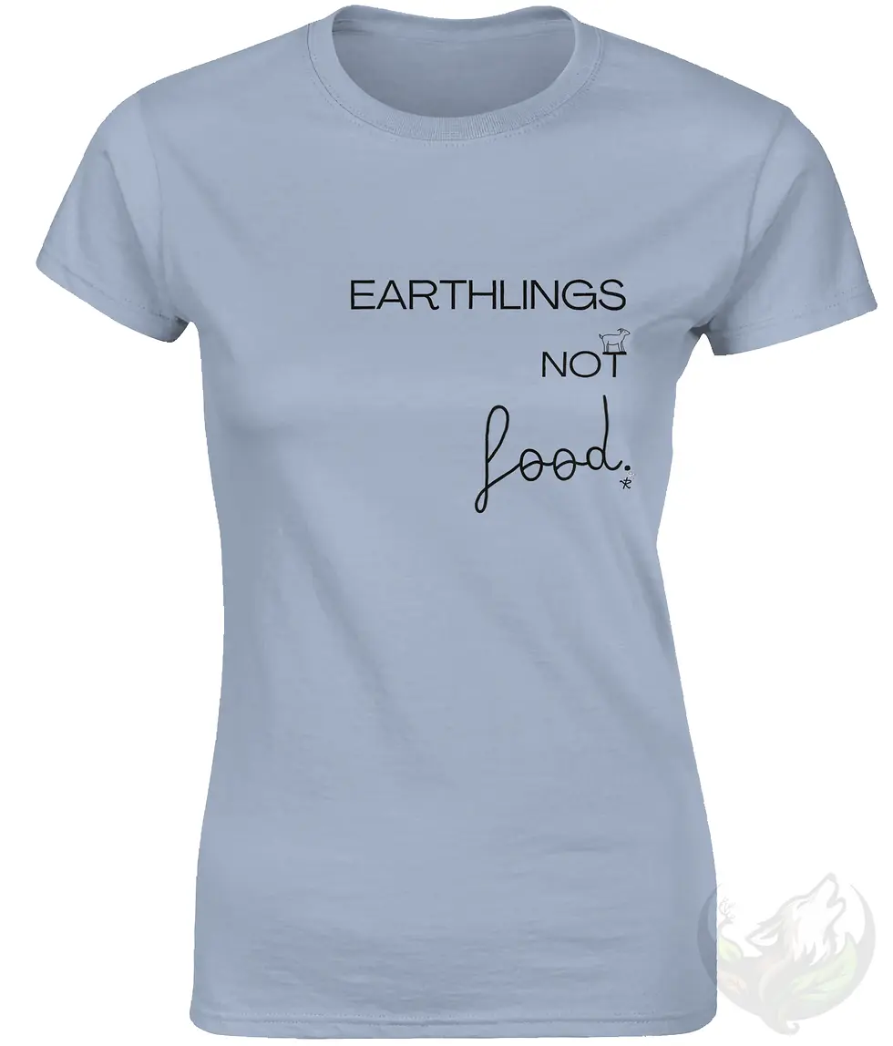 Thumbnail: Light blue fitted tee with the Vegan Quotes “Earthlings Not Food” design shown in a studio view.