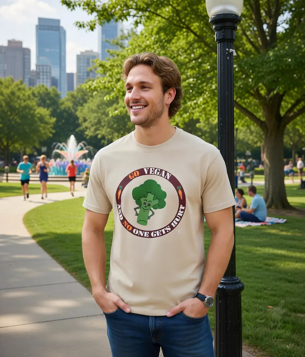 Thumbnail: Natural unisex t-shirt on smiling man with blond hair in sunny park, "Go Vegan And No One Gets Hurt" cartoon broccoli graphic