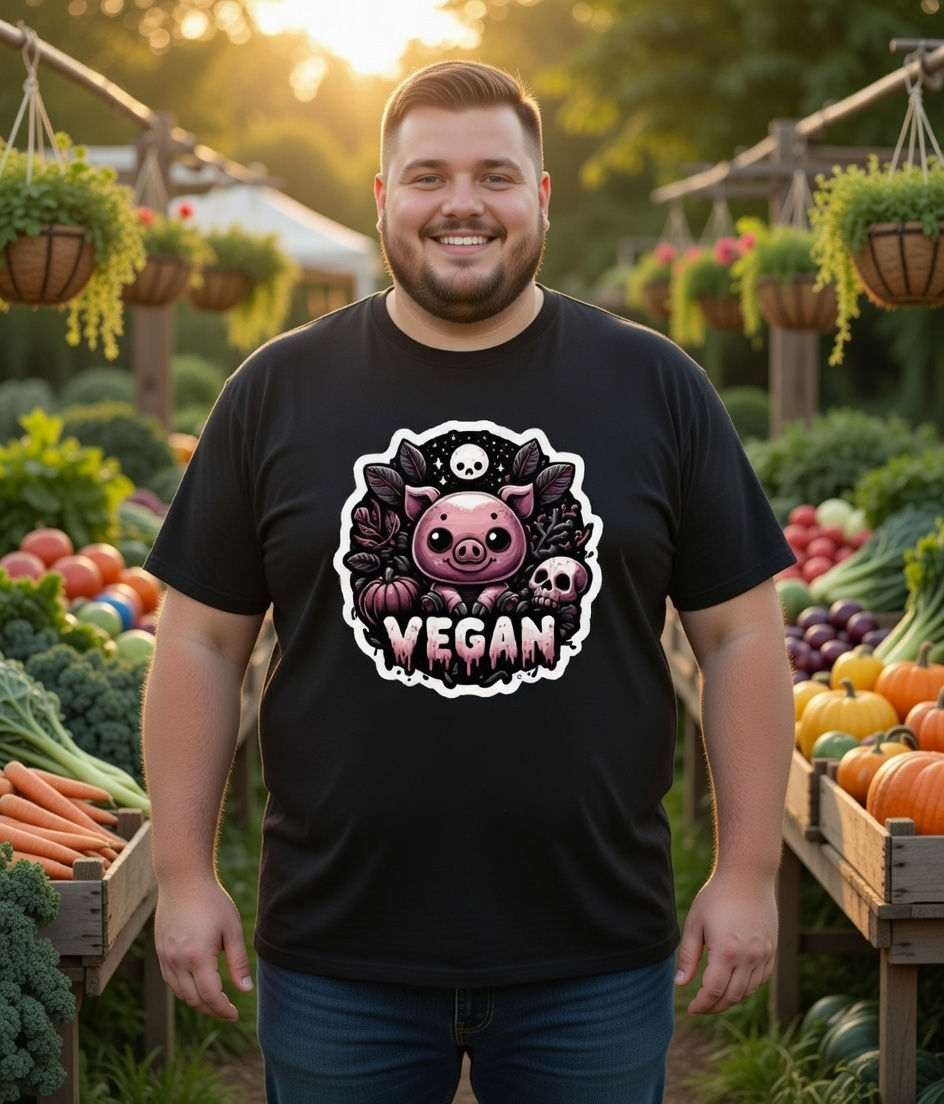 plus size vegan pig lifestyle – black shirt with colorful pig design and vegan text in a vegetable market setting