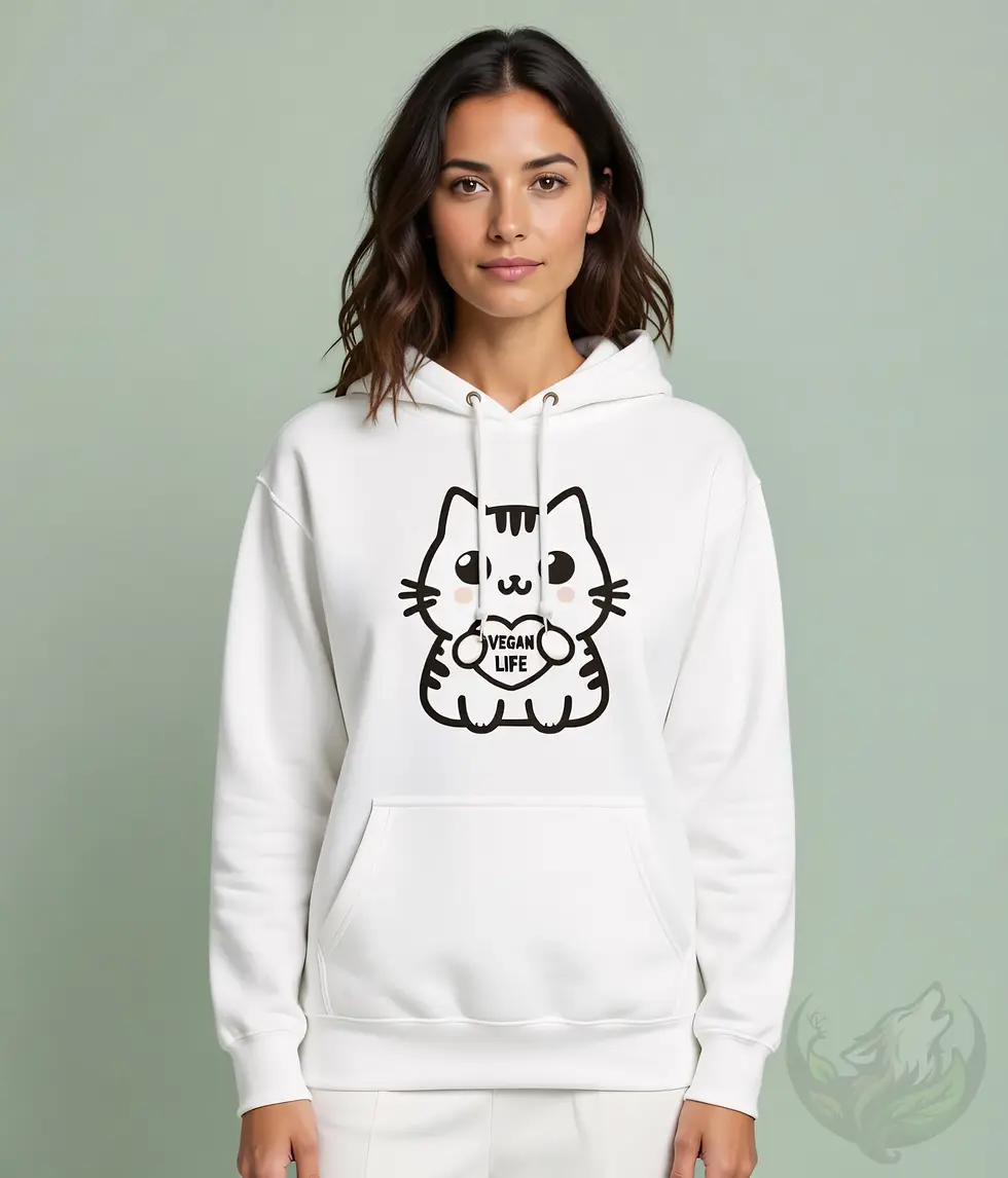 Thumbnail: Brunette woman wearing white unisex hoodie with adorable cartoon vegan life cat holding heart design