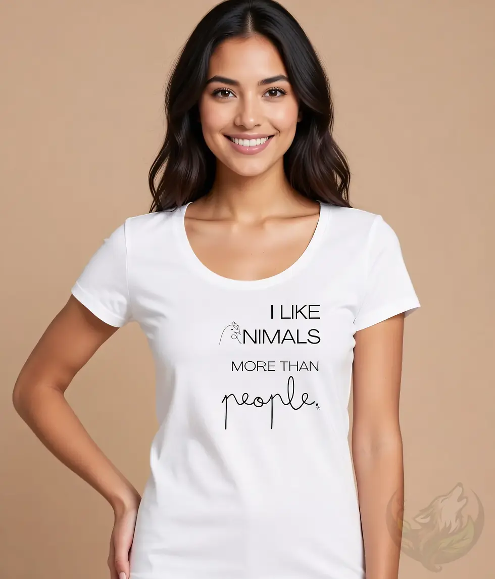 Thumbnail: White scoop neck shirt with “I like animals more than people” design, worn by a woman against a soft neutral background.