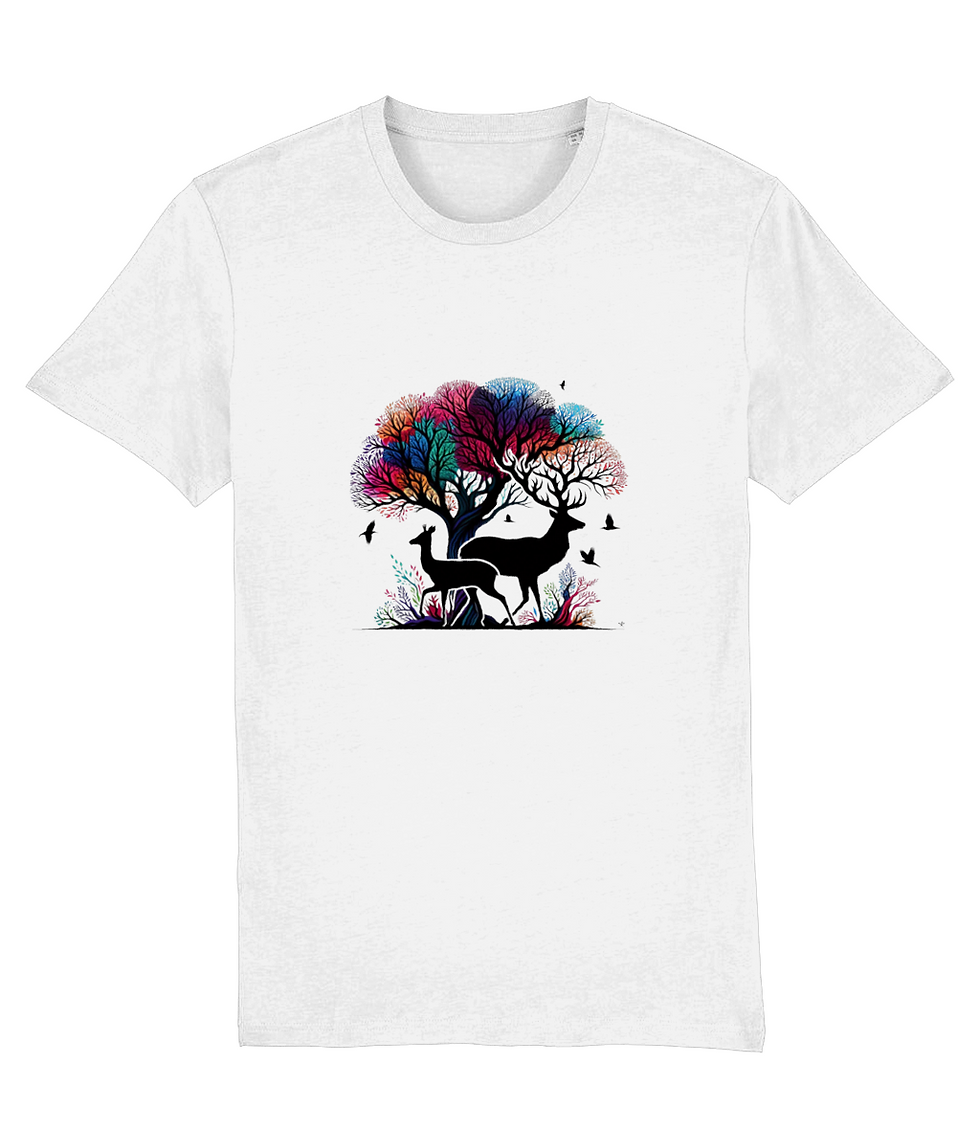 Thumbnail: plus size colorful deer creator shirt white – quality white creator tee with artistic deer and colorful tree design