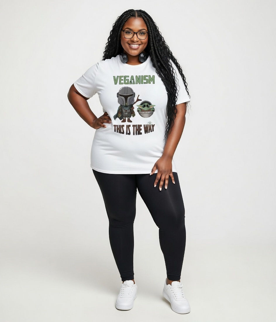 plus size vegan sw mando lifestyle – man wearing a white shirt with a fun sci fi parody vegan message in a clean simple setti