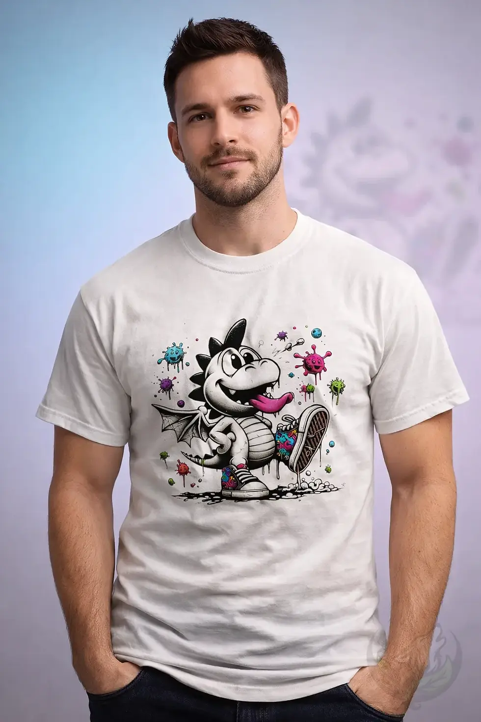 Man wearing white unisex Dragon Steps shirt with playful cartoon dragon and colorful street art design