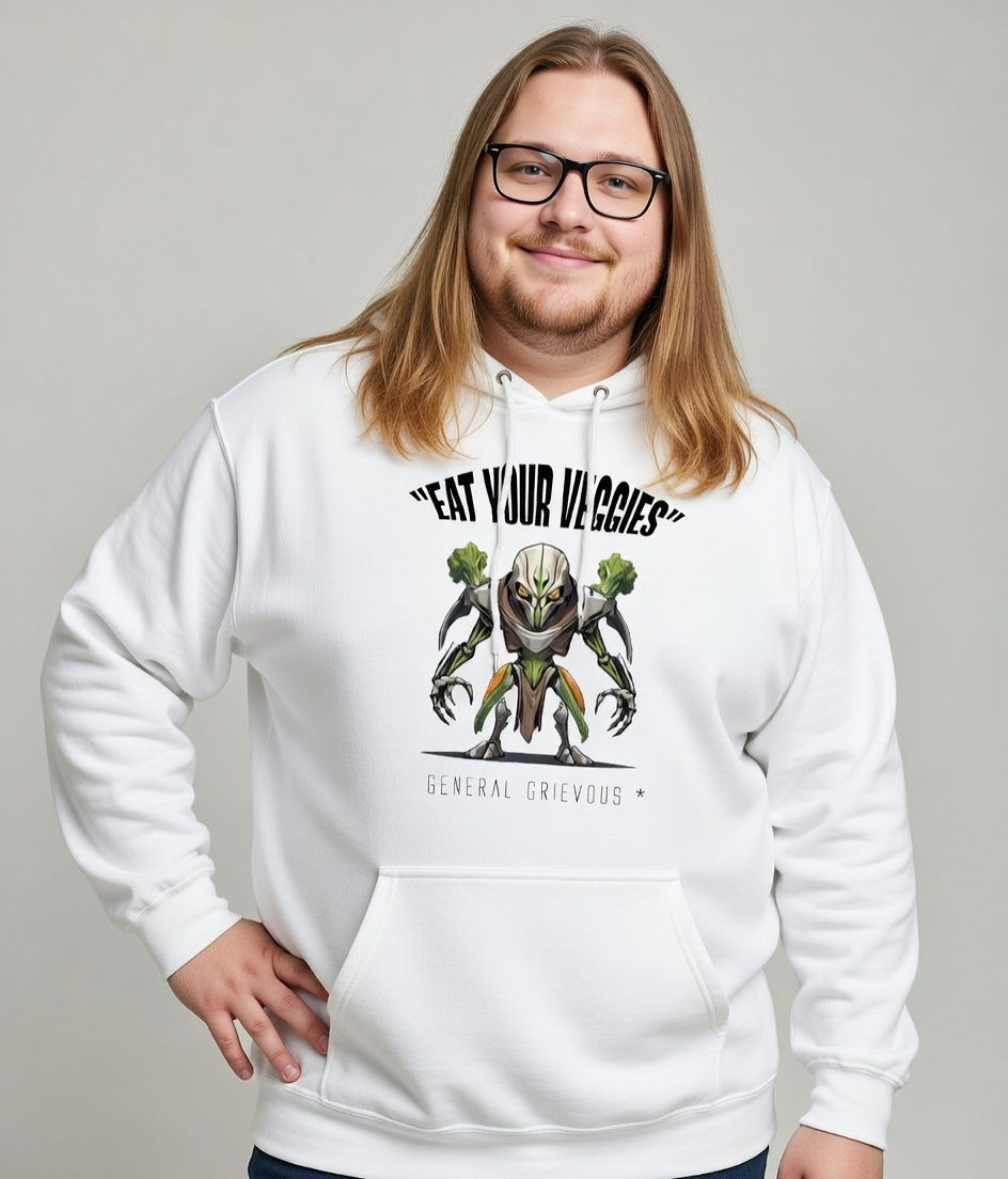 plus size vegan sw general grievous lifestyle – man in a white hoodie with a playful sci fi parody vegan message