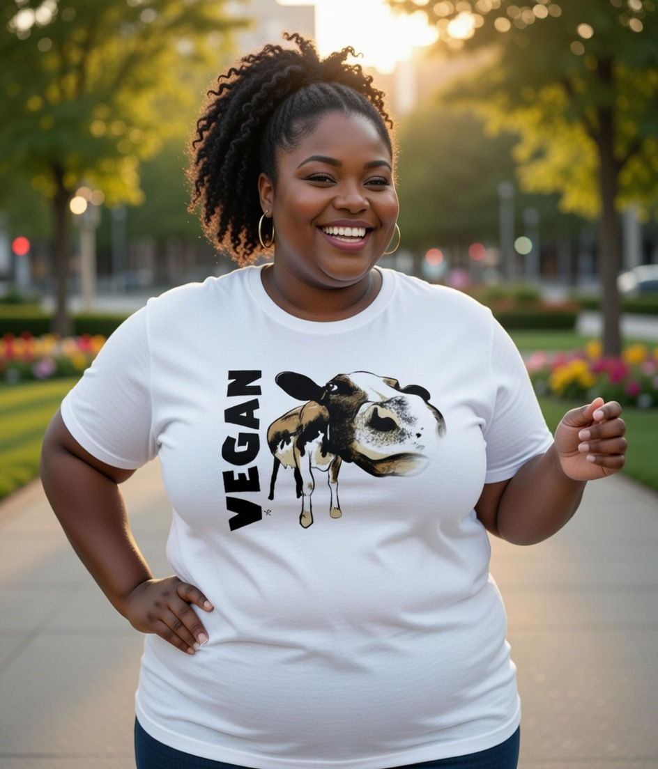plus size vegan cow lifestyle – white shirt with bold vegan text and cow graphic, perfect for everyday plant‑powered style