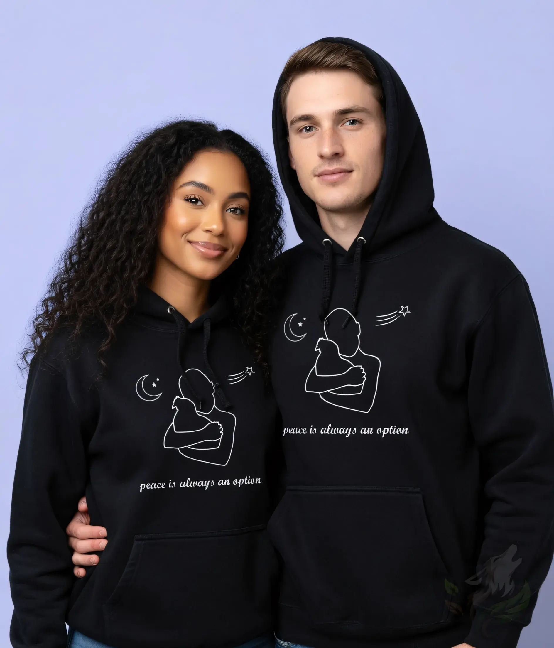 Black unisex hoodie with elegant white graphic of parent and child plus "peace is always an option" message.