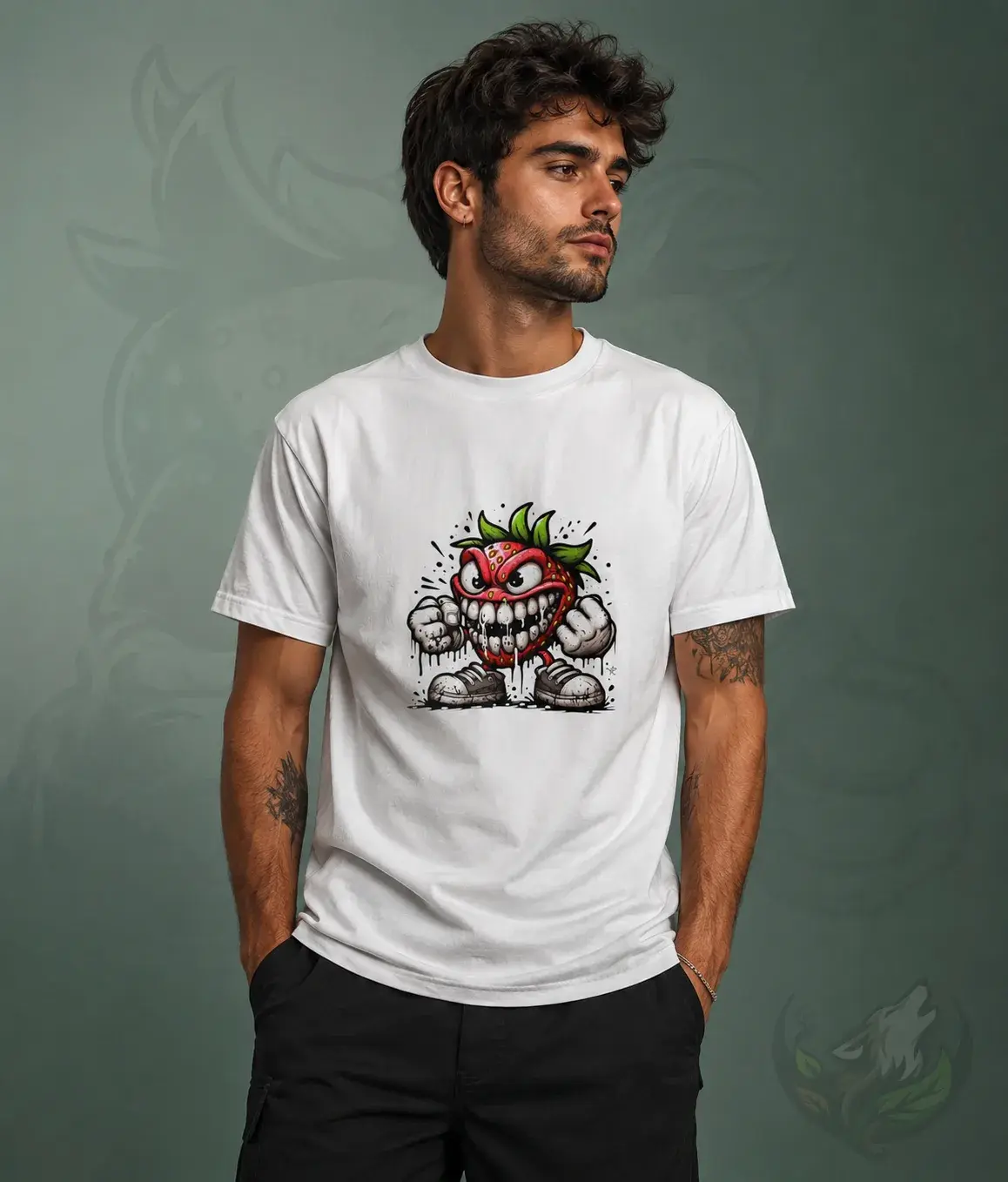 White unisex graffiti angry strawberry shirt worn by male model with funny fruit character artwork