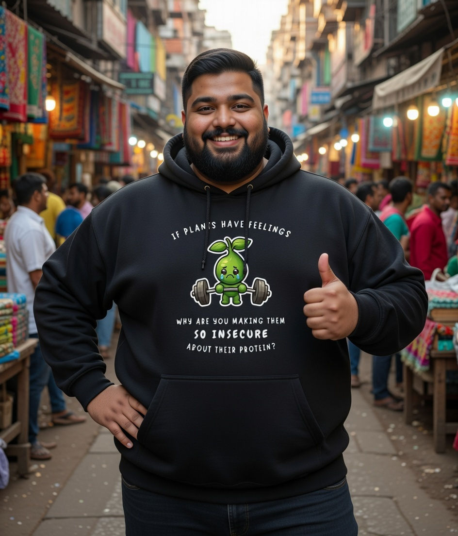 plus size if plants have feelings lifestyle – black hoodie with funny pea lifting weights design and playful vegan protein jo
