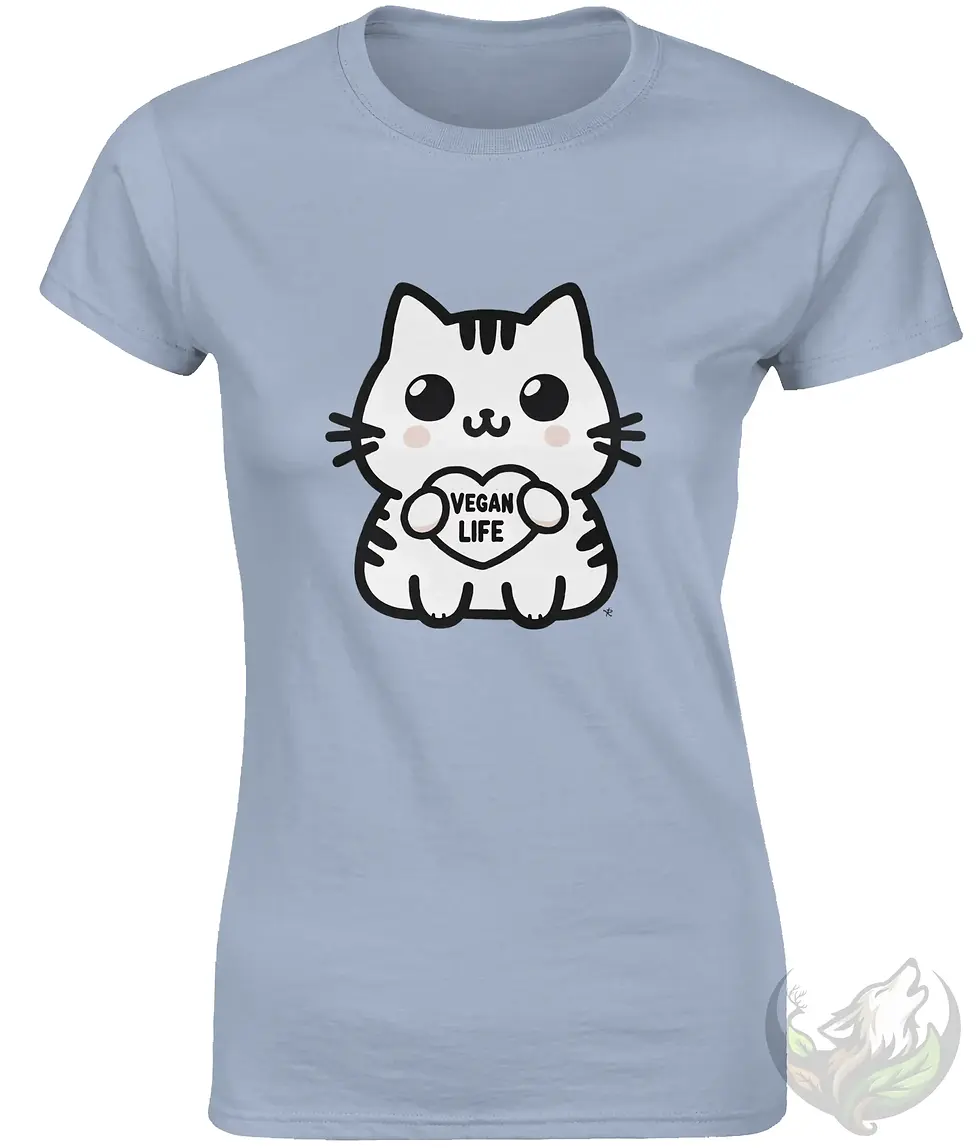 Thumbnail: Light blue unisex t‑shirt featuring the “Vegan Life Cat” design with a cartoon cat.