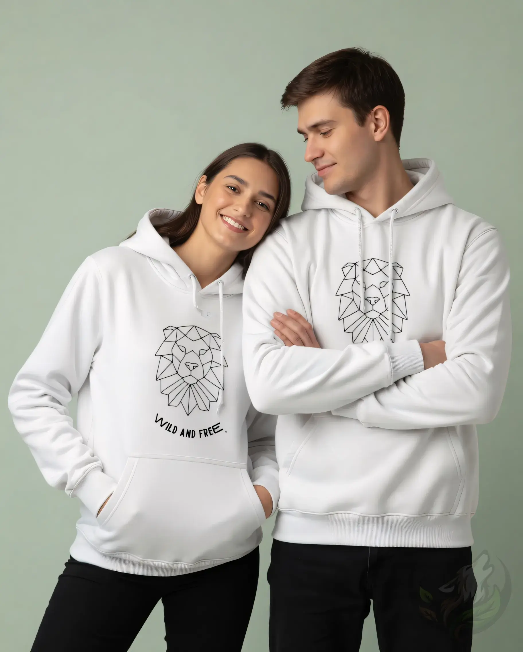 White unisex hoodie with geometric lion head design and "WILD AND FREE" text.