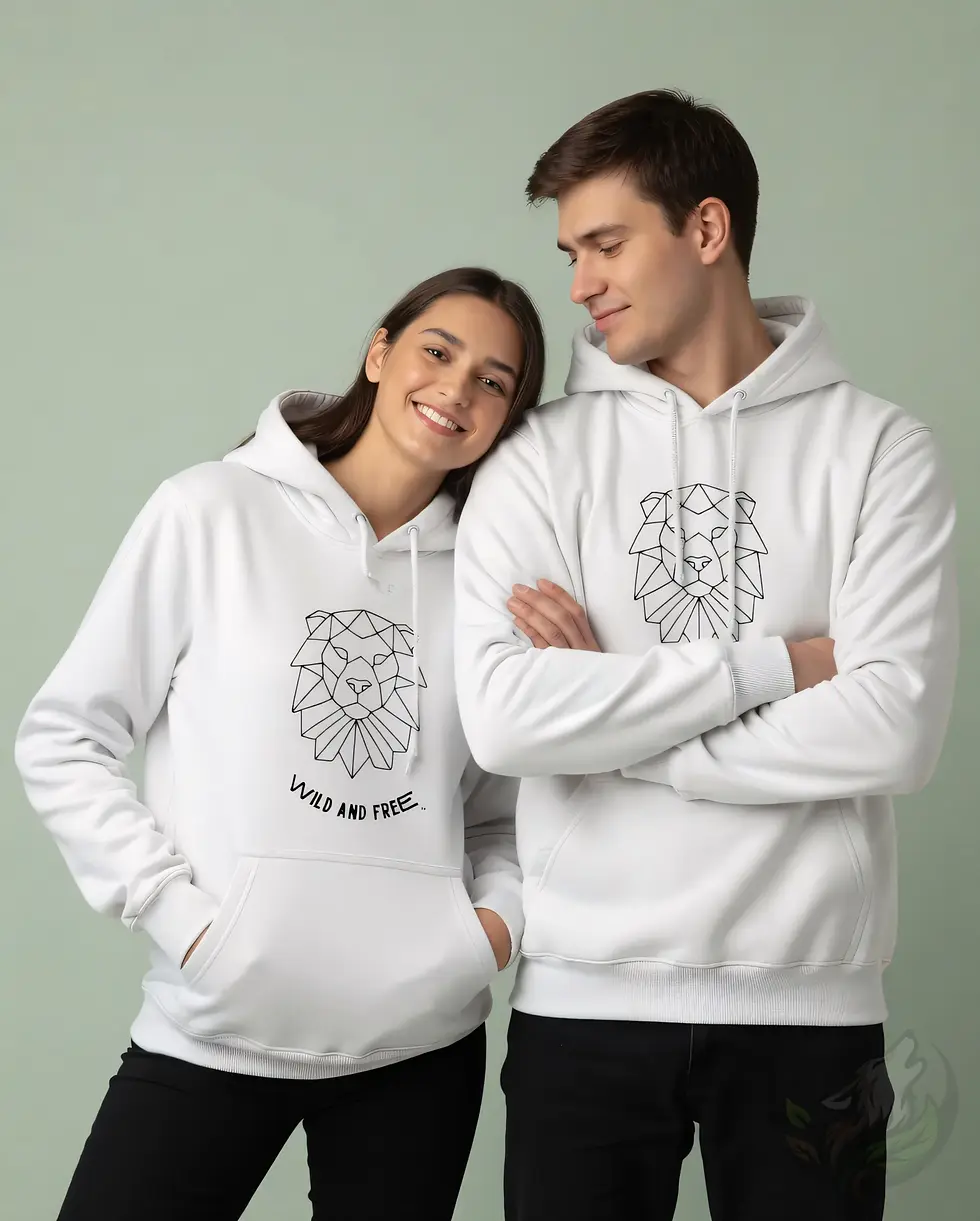 Thumbnail: White unisex hoodie with geometric lion head design and "WILD AND FREE" text.