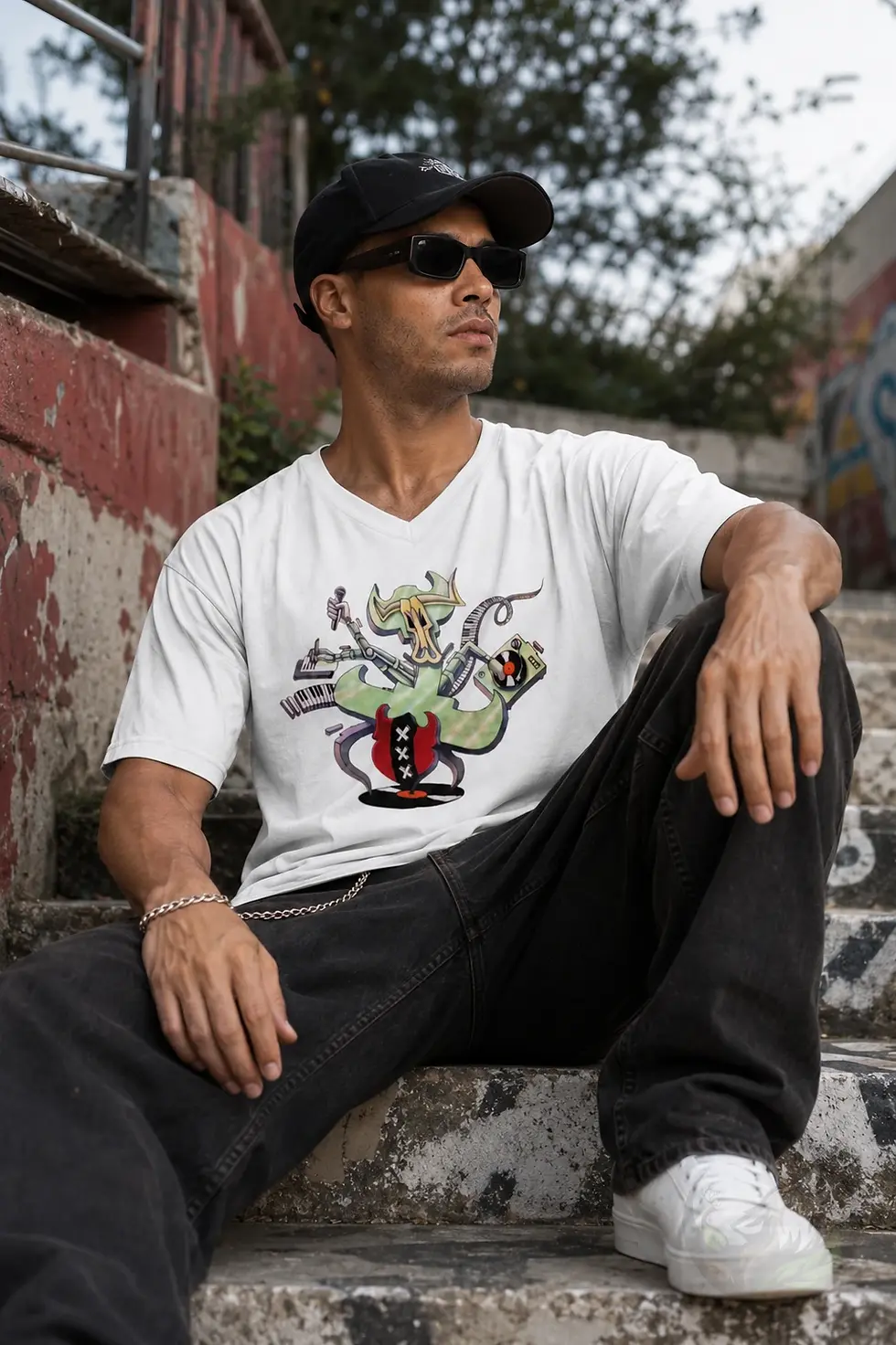 Thumbnail: Man wearing white V-neck Metal Cross shirt with music inspired design in urban street style setting