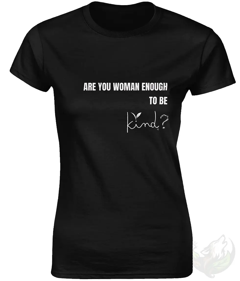 Thumbnail: Fitted black women’s t‑shirt featuring the vegan quote “Are you Woman Enough to be kind?” design by WeTerra