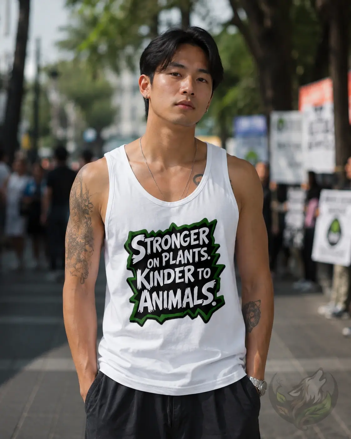 Mens white Stronger on Plants tank top worn by a man outdoors
