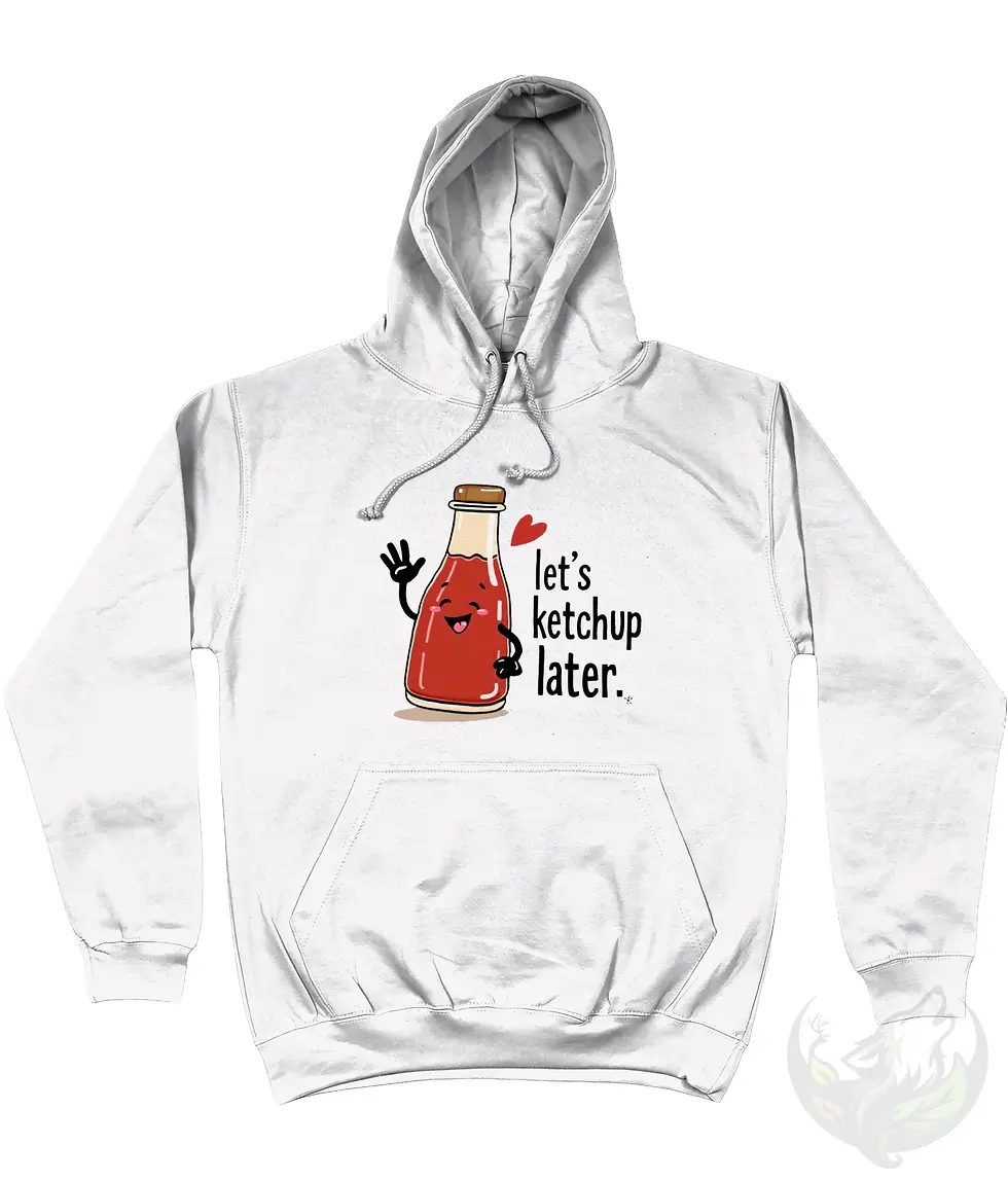Thumbnail: White unisex hoodie with Let's Ketchup Later ketchup bottle food pun graphic on the front