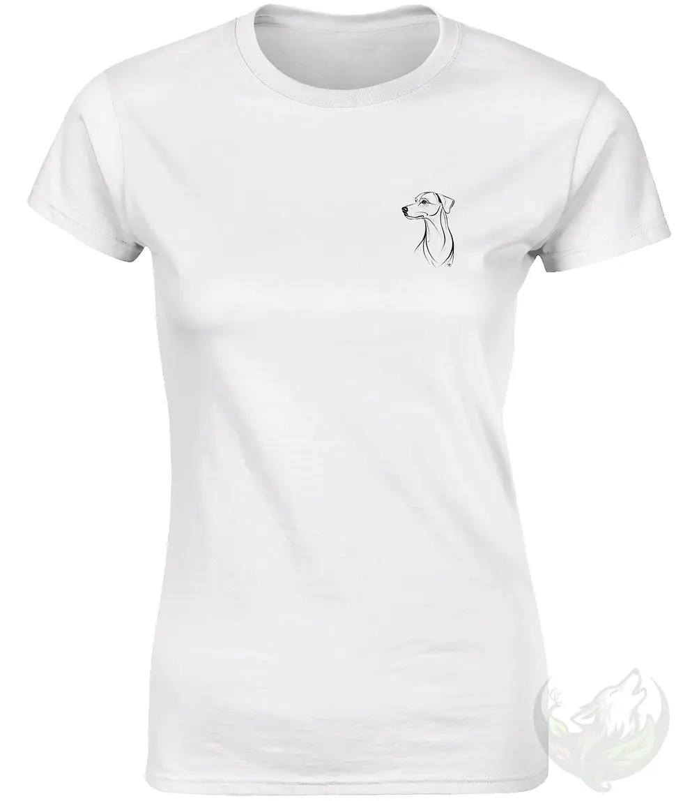 Thumbnail: White women’s fitted t-shirt featuring a small elegant dog line drawing on the left upper side.
