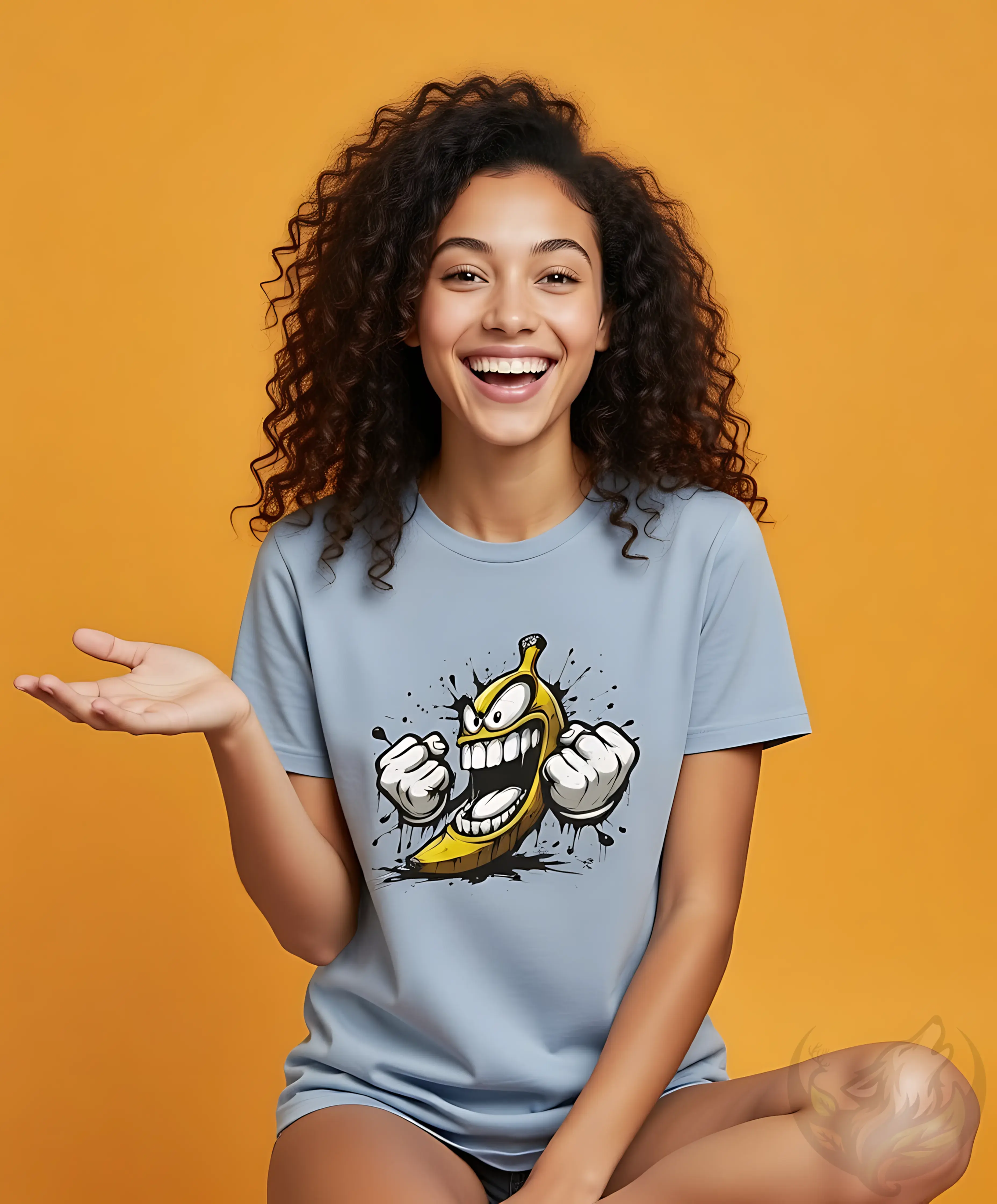 Smiling woman with curly hair wearing a light blue fitted t-shirt featuring a bold graffiti angry banana character.