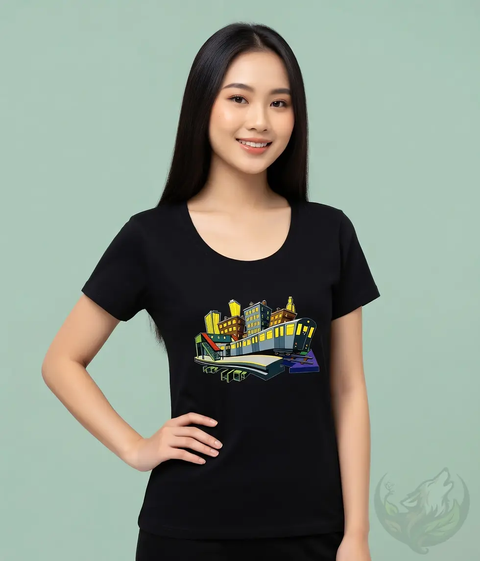 Thumbnail: Woman wearing a black scoop neck tee with Def P’s NY Subway cityscape and train artwork against a green backdrop