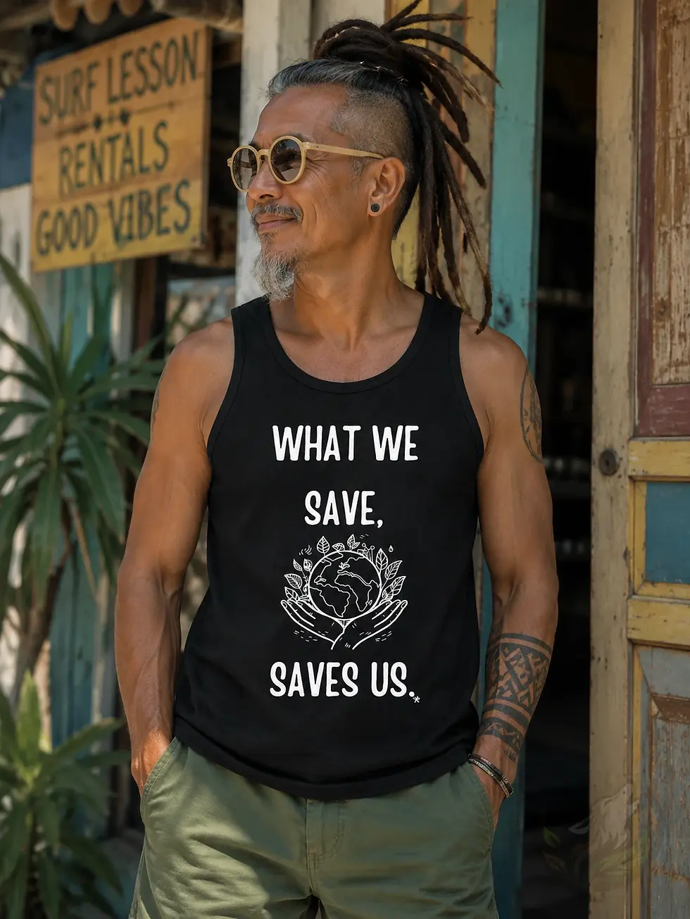 Black men’s tank top featuring What We Save Saves Us text design worn outdoors.