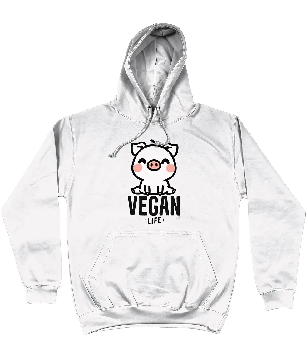 Thumbnail: White unisex hoodie laid flat showing cute cartoon vegan life pig design with rosy cheeks and vegan life text centered on che