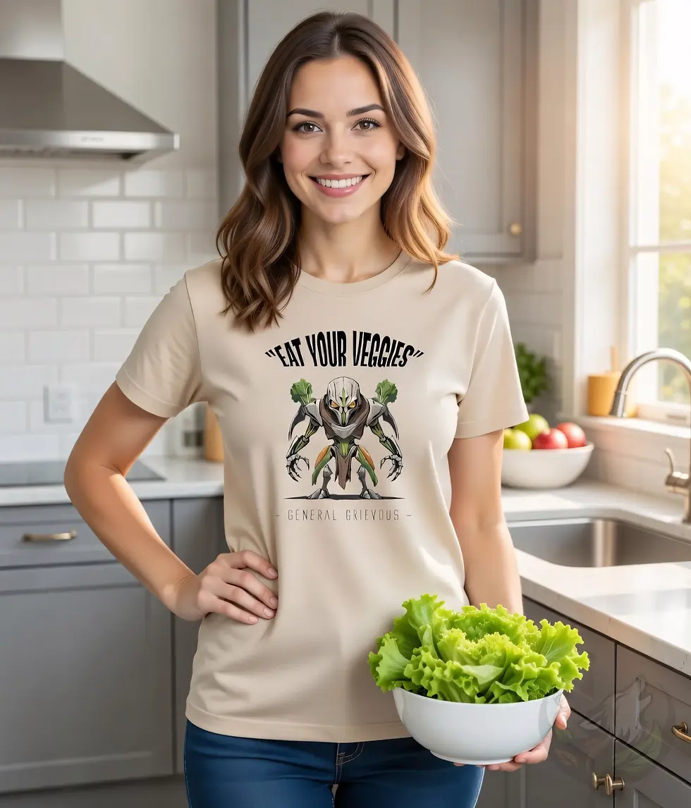Thumbnail: Woman wearing a sand fitted tee with a cartoony General Grievous‑style veggie design while holding a bowl of greens.