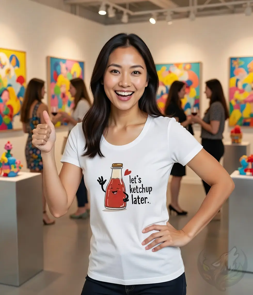 Thumbnail: Person in a white scoop‑neck tee with a waving cartoon ketchup bottle and the pun “let’s ketchup later” inside a bright art g