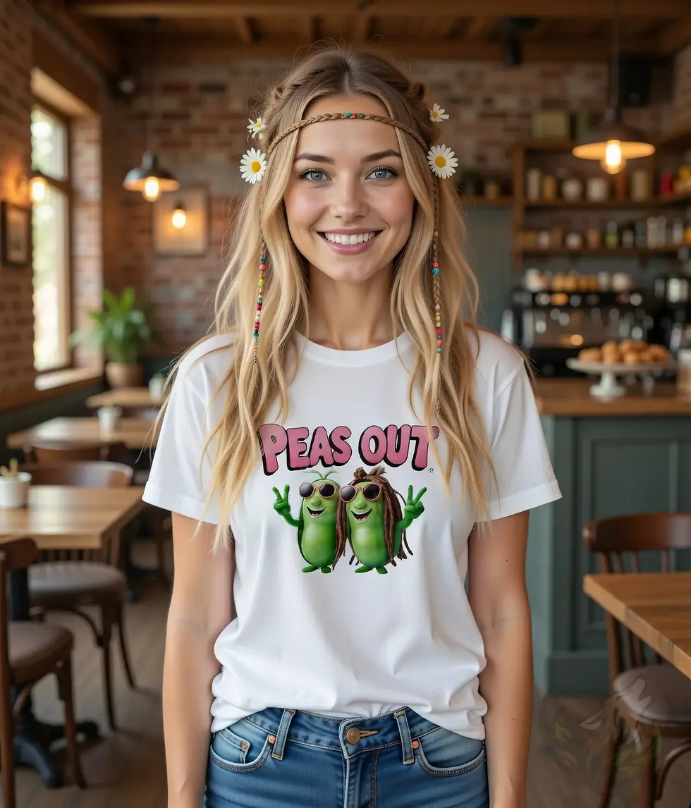 Thumbnail: Person in a white scoop‑neck tee with two cartoon peas wearing sunglasses and flashing peace signs, with the pun “peas out,”