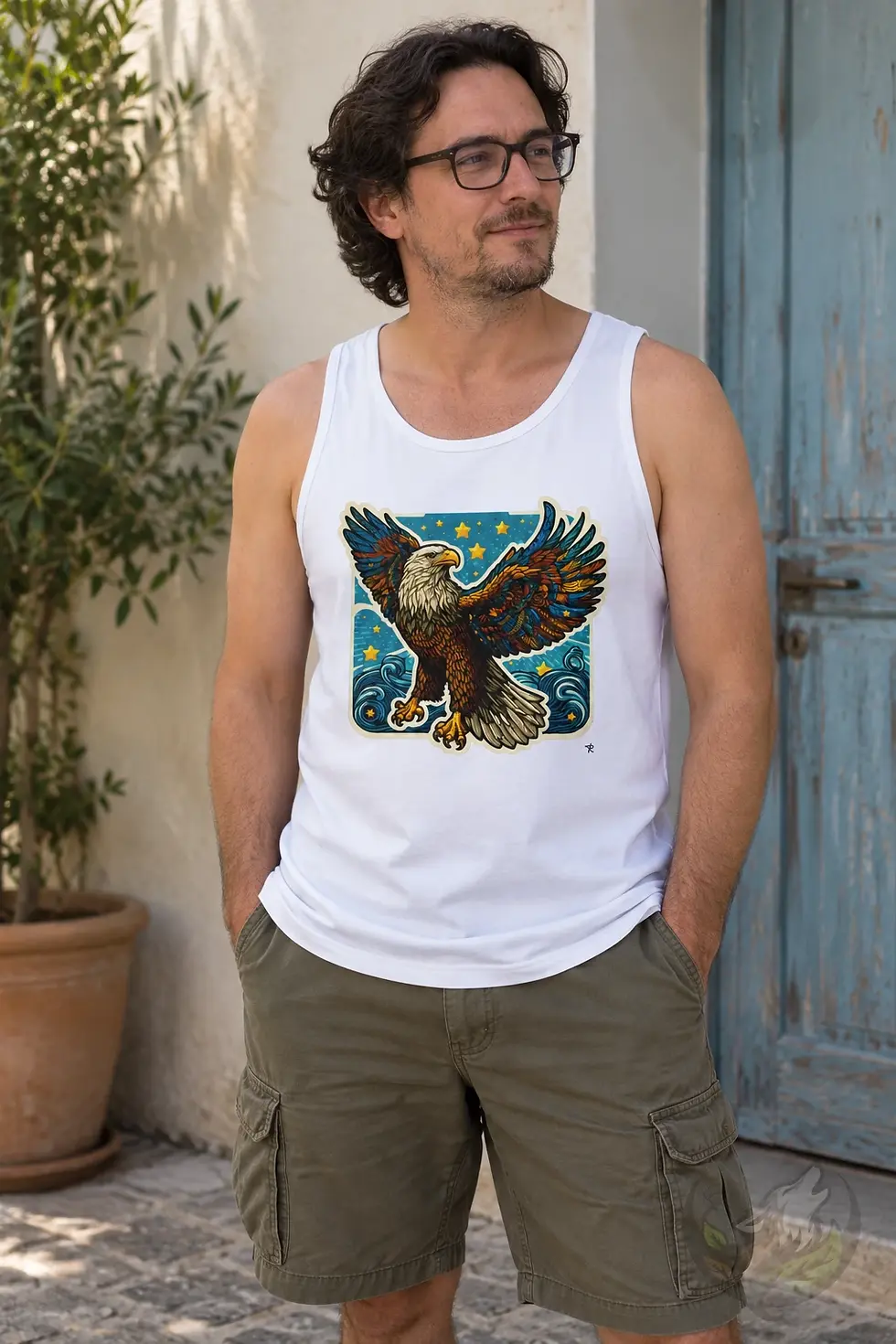 Man wearing white pixel art eagle tank top with colourful starry ocean artwork