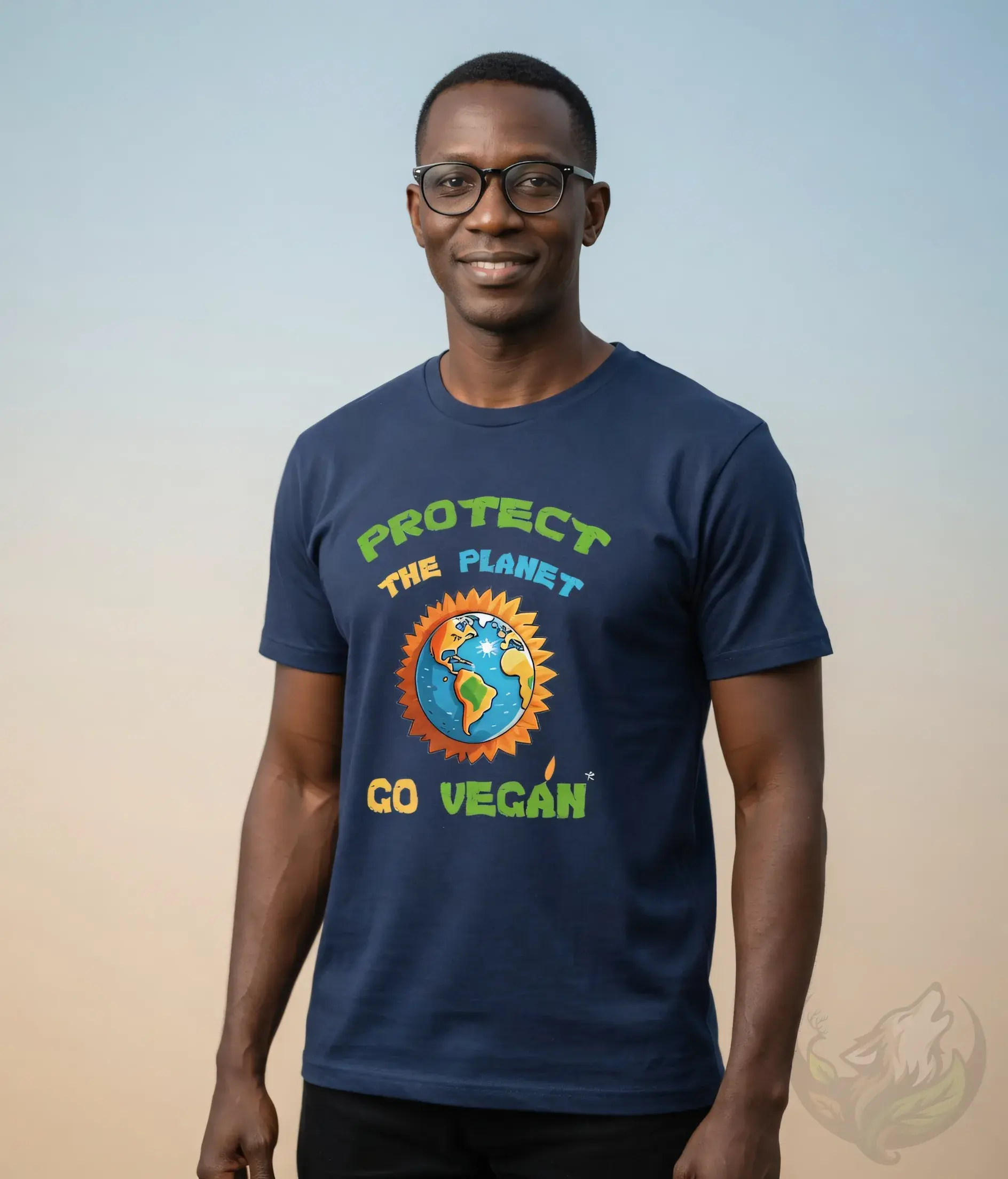 Navy unisex t-shirt worn by smiling man with glasses, "Protect The Planet Go Vegan" Earth design.