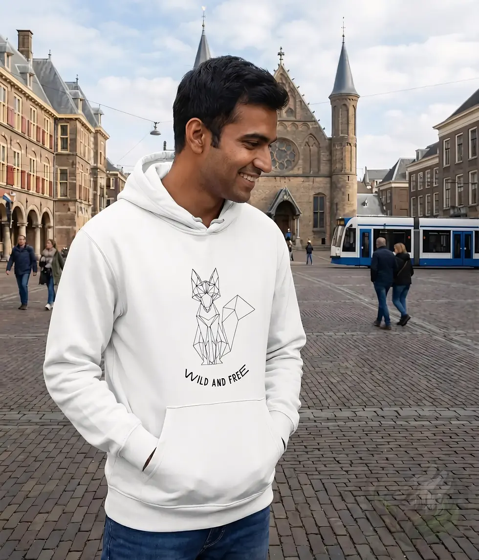 Thumbnail: White unisex hoodie displaying geometric fox illustration with "WILD AND FREE" text underneath.