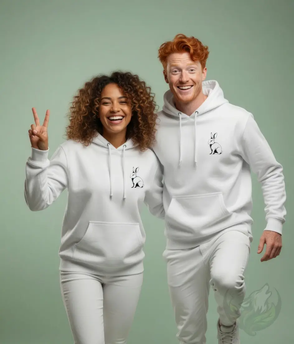 Couple wearing white unisex hoodies with elegant rabbit line art design against a soft green studio background.