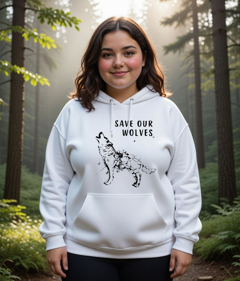 plus size save our wolves lifestyle – white hoodie with fragmented wolf design and save our wolves text in a forest setting