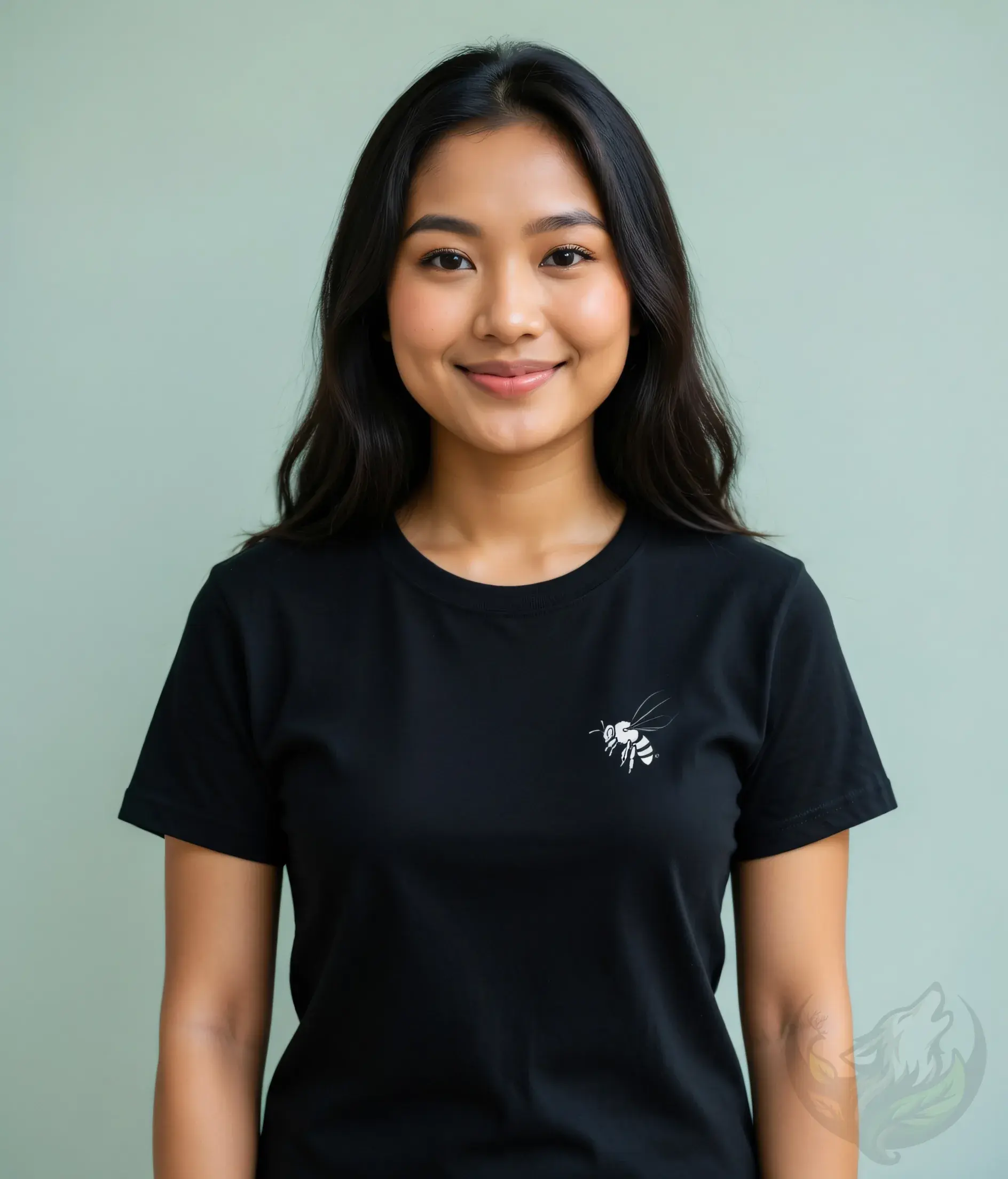 Smiling woman with long dark hair wearing a black fitted t-shirt with a delicate minimalist bee line art on the left chest.