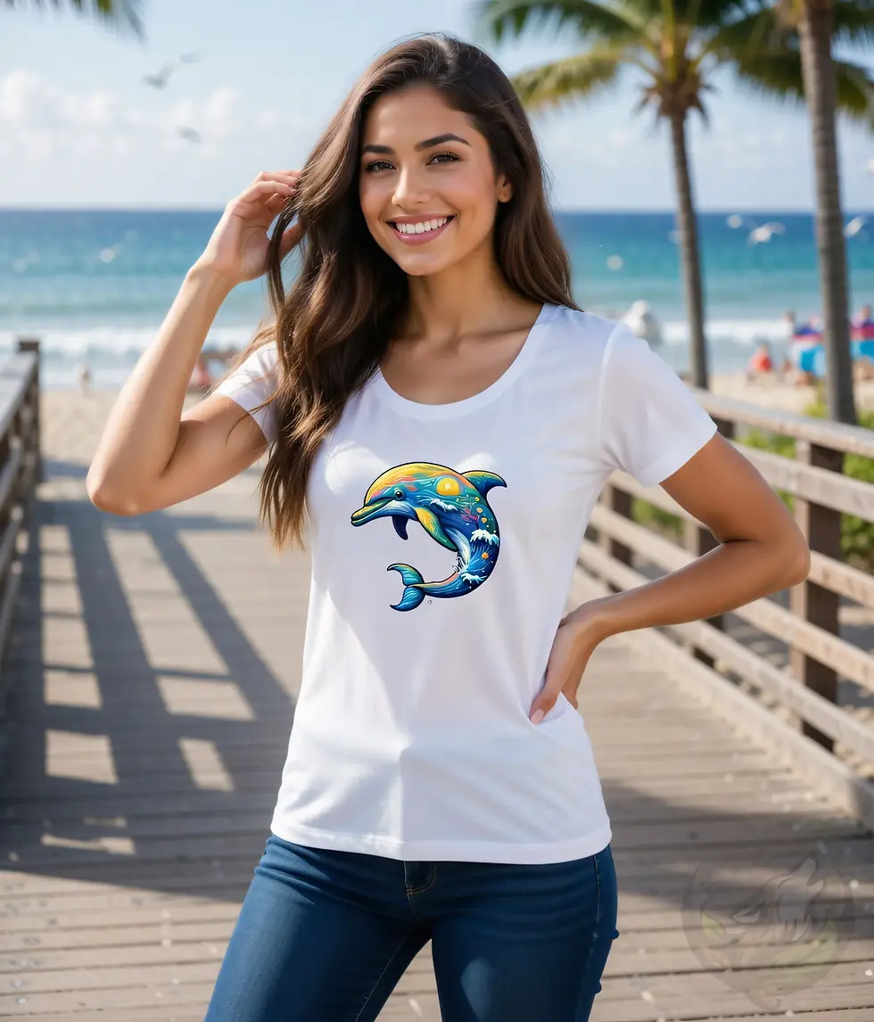 Thumbnail: Smiling woman in white scoop neck tee outdoors, vibrant dolphin print with ocean waves and colorful accents
