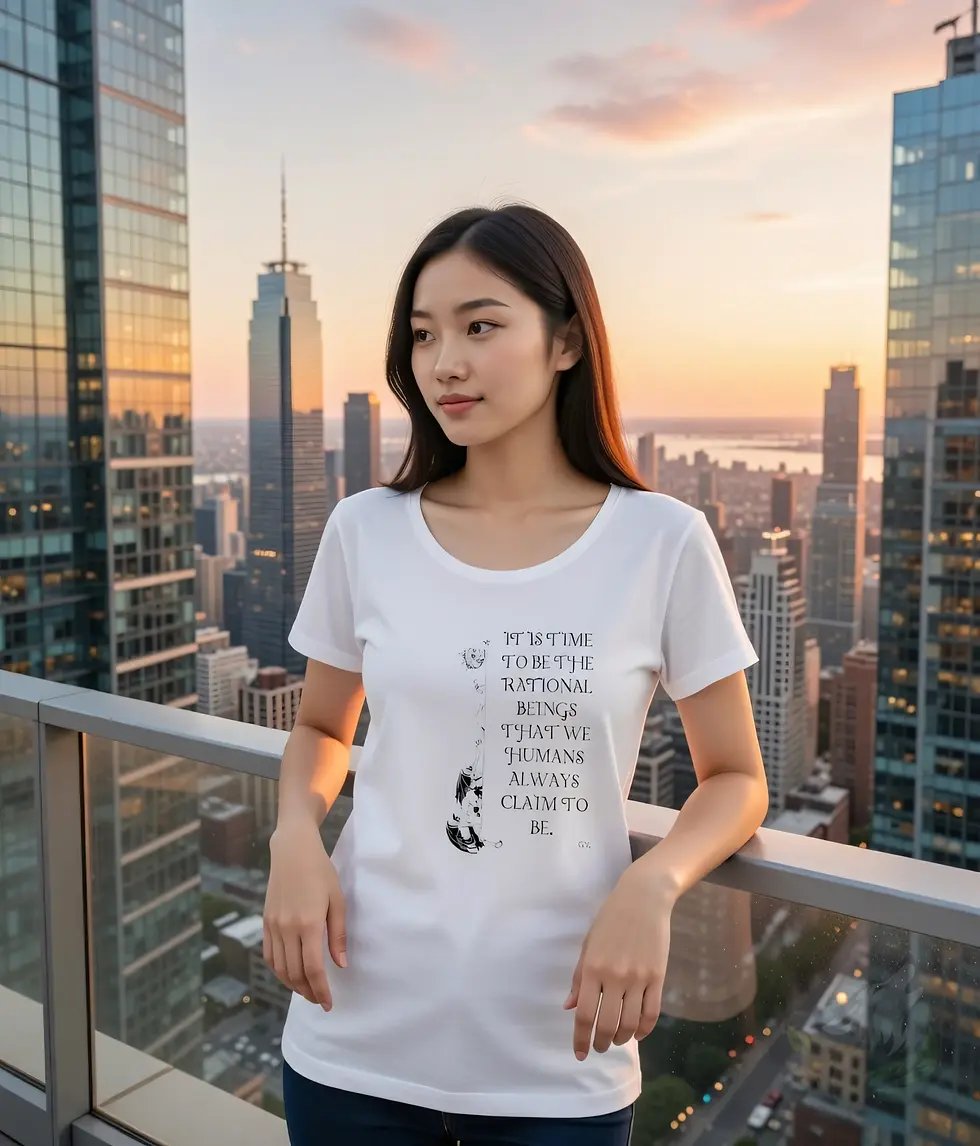Thumbnail: White scoop‑neck tee with the Vegan Quotes “Rational Beings” design worn on a city balcony at sunset.