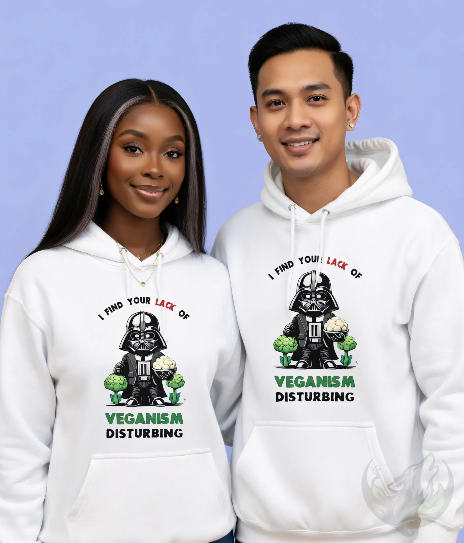 Couple wearing matching white unisex hoodies with cartoon Darth Vader vegan design and I FIND YOUR LACK OF VEGANISM DISTURBIN