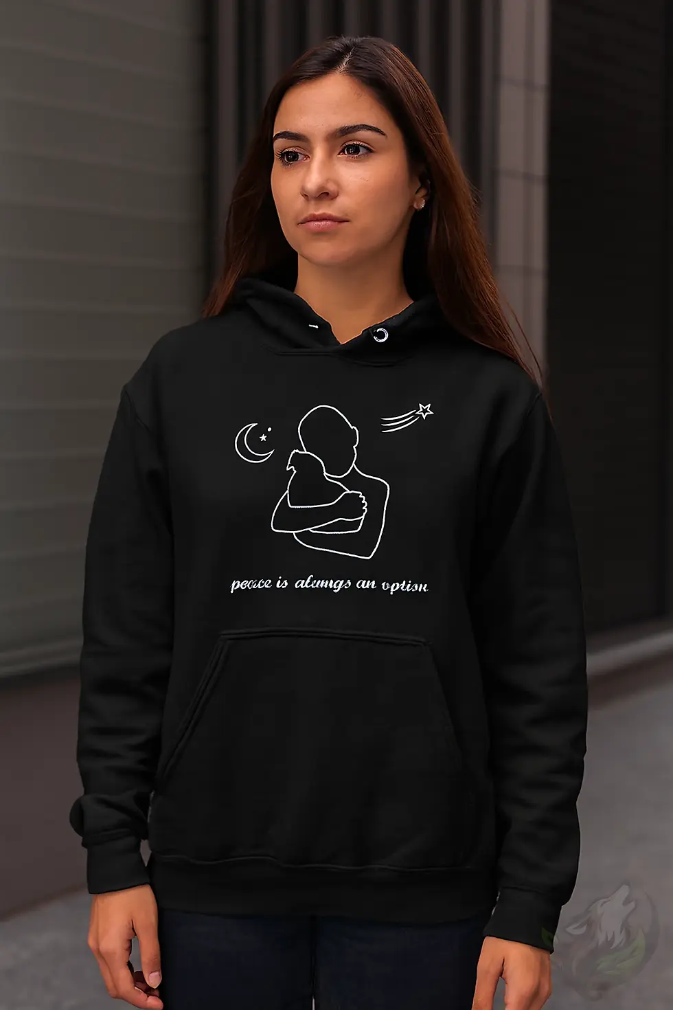 Thumbnail: Black unisex hoodie with white line art of mother and child, moon, and text "peace is always an option".