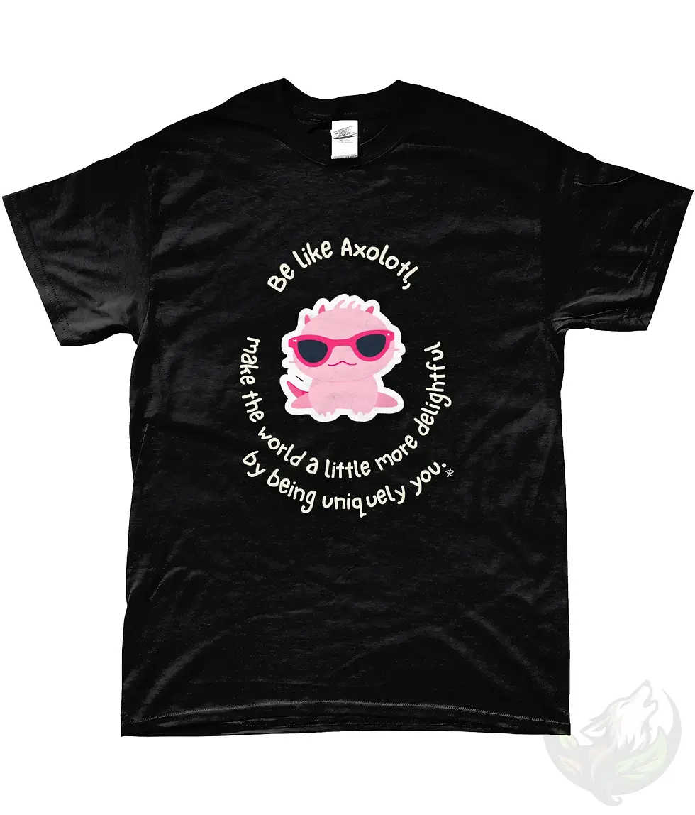Thumbnail: Black unisex T-shirt with cute pink axolotl design and positive quote about being uniquely yourself