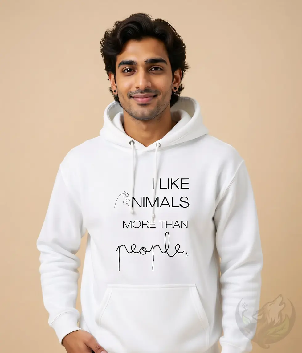 Miniaturbild: Studio portrait of man wearing the Unisex Vegan Quote I Like Animals More Hoodie featuring a minimalist animal lover quote.