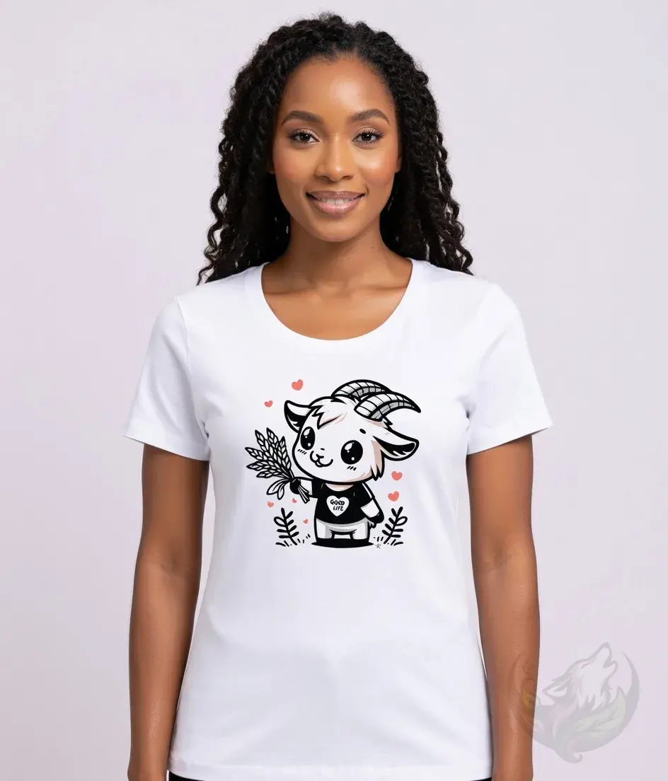 Thumbnail: White scoop‑neck tee with the “Good Life Goat” design shown in a studio setting with a dark background.