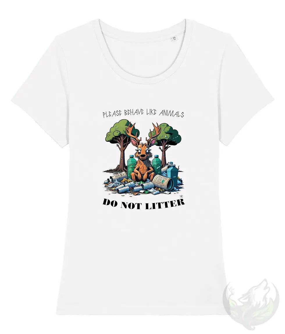 Thumbnail: White wide‑neck women’s environmental shirt with the “Behave Like Animals — Do Not Litter” deer and forest design.